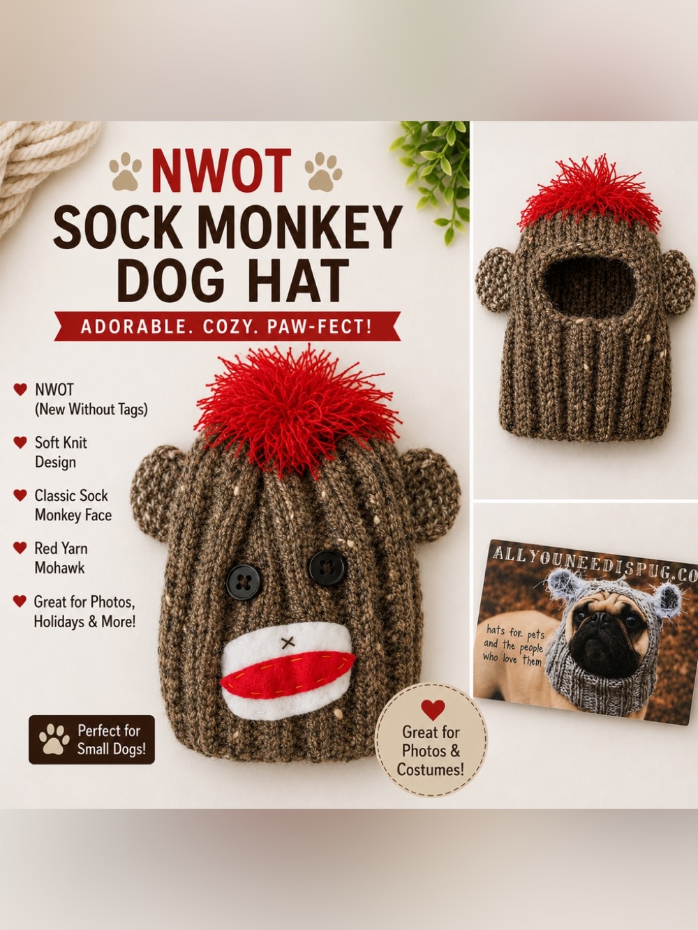 NWOT Sock Monkey Dog Hat